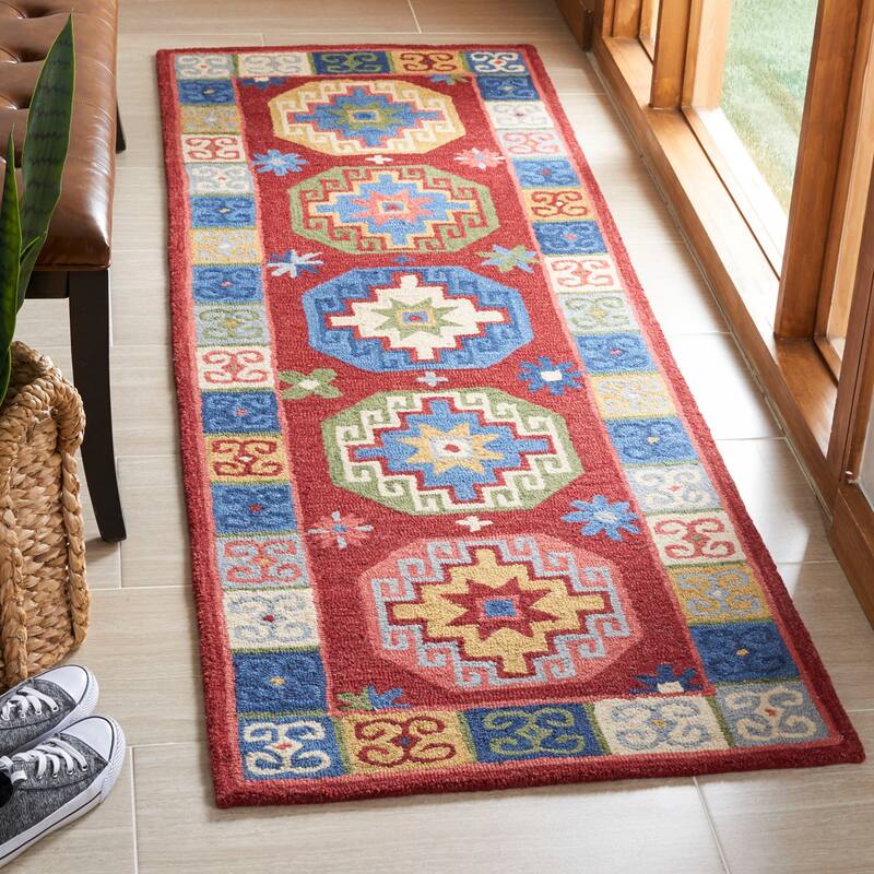 SAFAVIEH Handmade Aspen Cheridwen & Eclectic Tribal Wool Rug - 2'3" x 7' Runner - Red/Blue