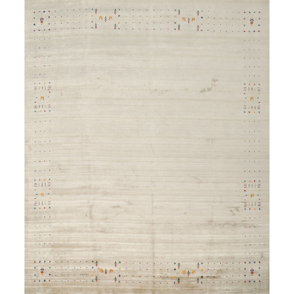 Hand Knotted Oriental Viscose Silk Carpet Tribal Animal Pictorial Beige & Ivories Gabbeh Area Rug - 9' 9'' X 10' 0''