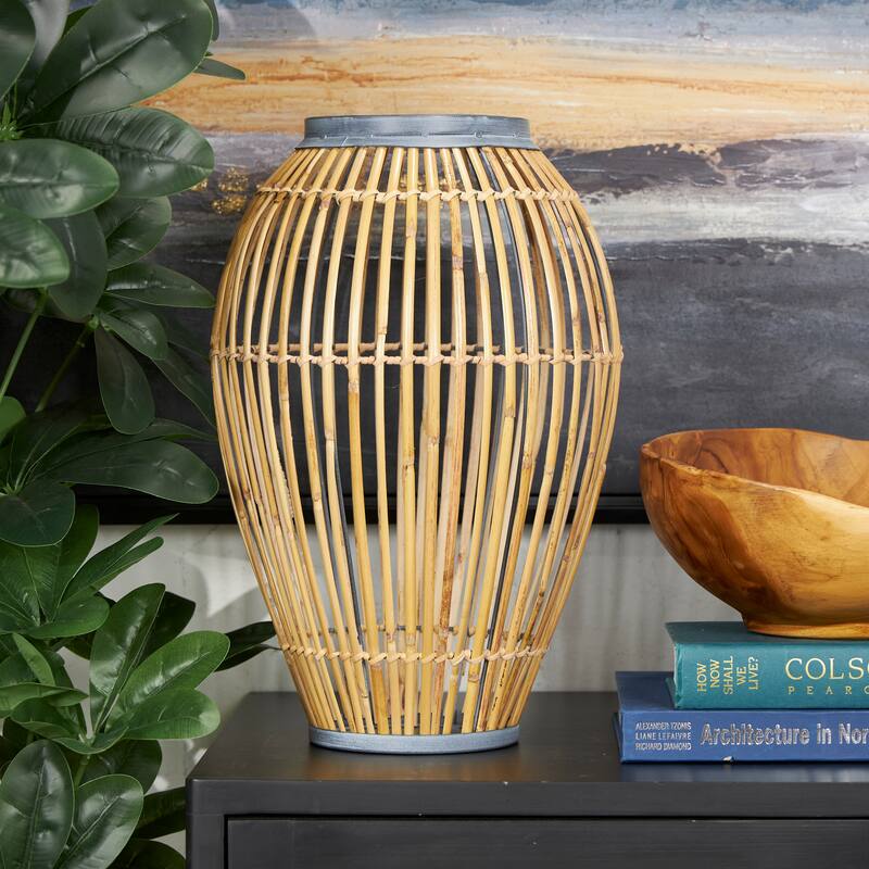 Brown Bamboo Wood Handmade Open Frame Decorative Vase with Blue Metal Accents