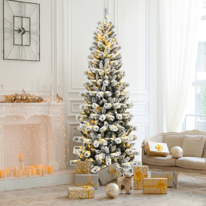 Gymax 5/6/7.5/8 ft Pre-lit Snow Flocked Artificial Christmas Tree w/