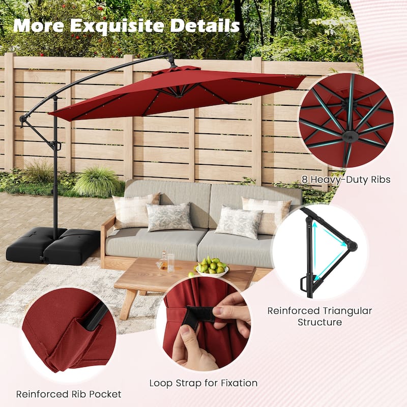 Gymax 10 FT Solar Offset Hanging Umbrella Patio Cantilever Umbrella w/