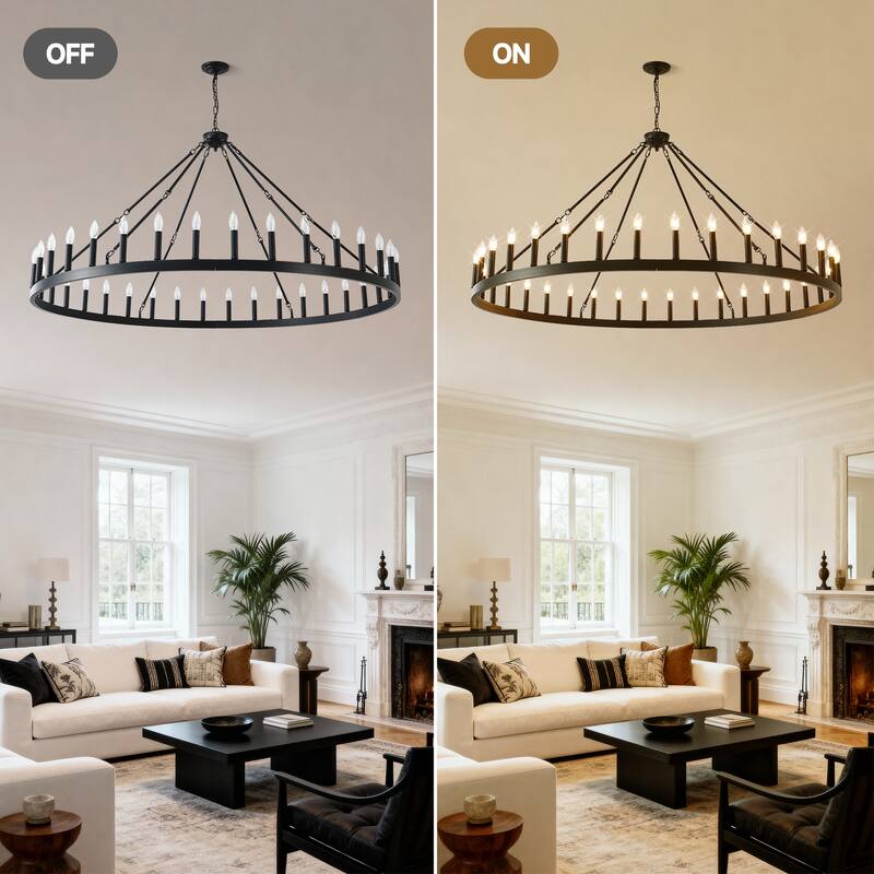 63.8 INCH 36-Light Extra Large Wagon Wheel Chandelier, Black Farmhouse Round Wheel Chandelier Light Fixtures E12