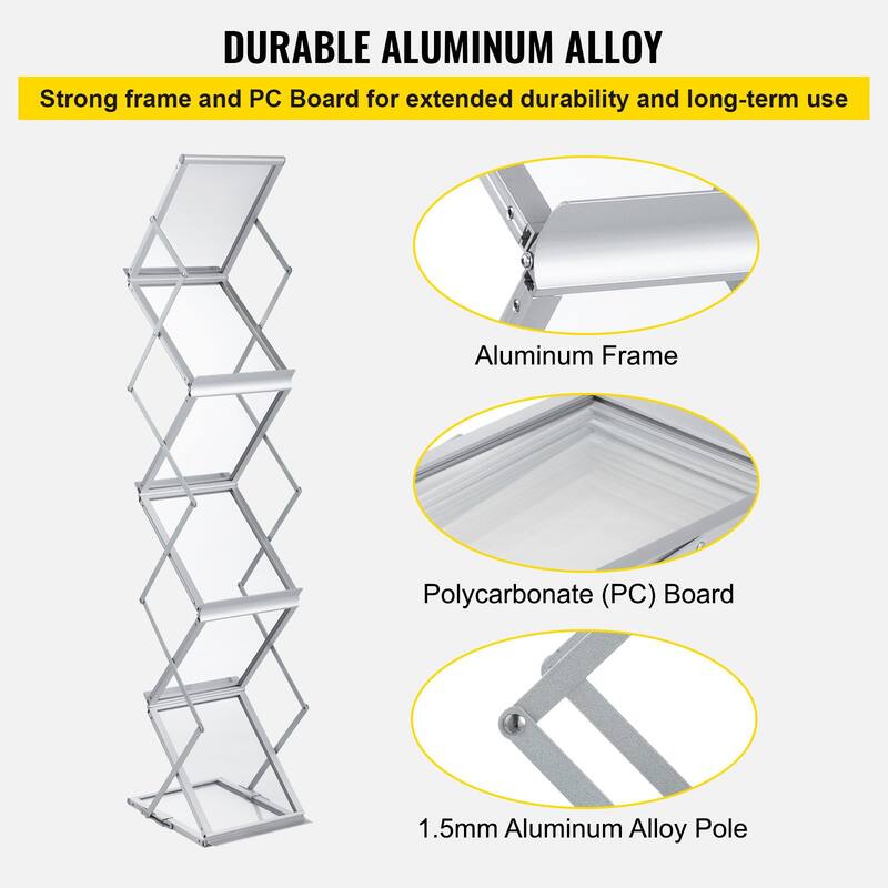 Silver Aluminum Foldable and Portable Lightweight Magazine Rack with 6 Pockets and Carrying Bag - 10.2" x 14.2 "x 59.8"
