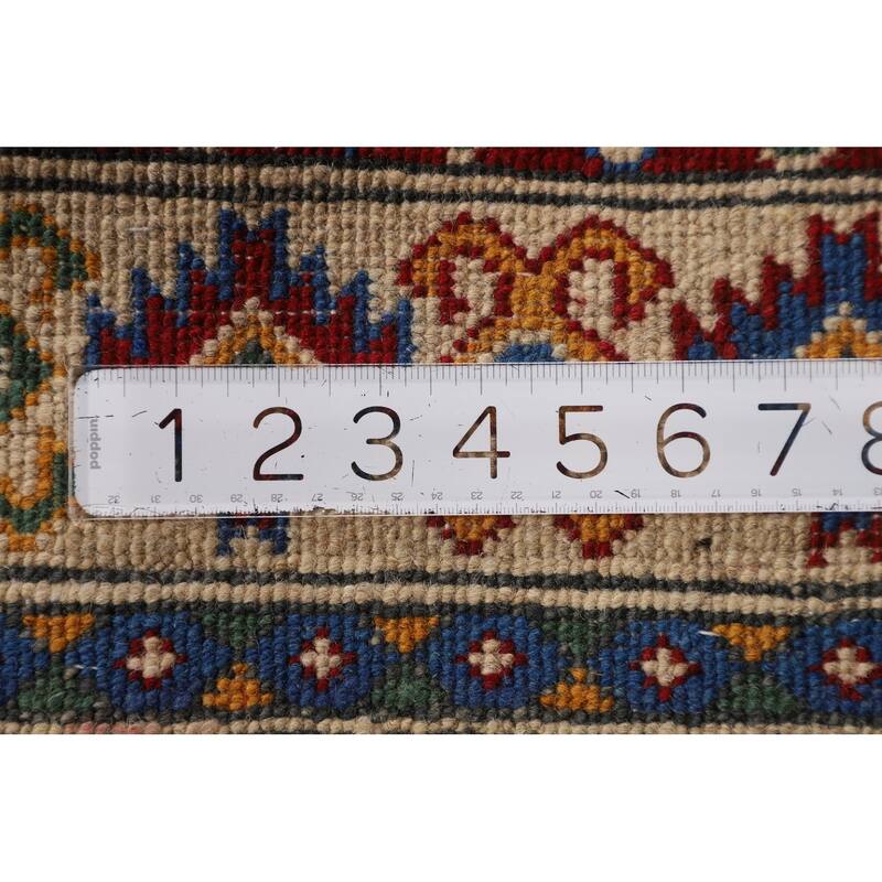 Red Geometric Kazak Oriental Foyer Rug Hand-Knotted Wool Carpet - 3'4" x 5'0"