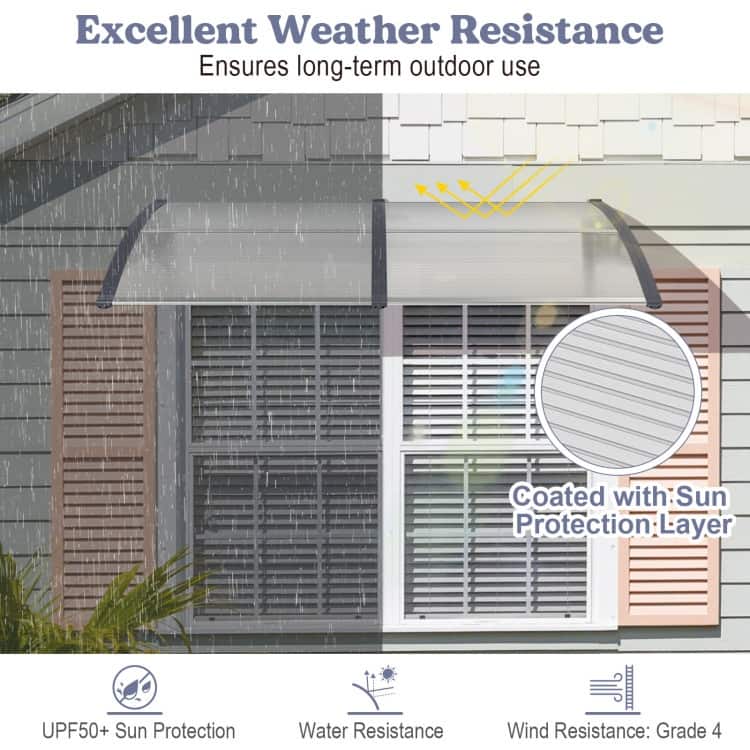 Outdoor Front Door Patio Overhang Awning for Sunlight Rain Snow Wind Protection-Gray - 48" x 40" x 11" (L x W x H)