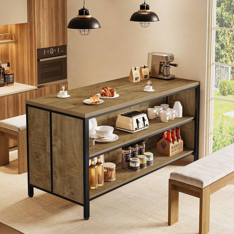 62.99" Kitchen Island with Storage and Seating - Farmhouse Stationary Island Table - 62.99" W x 23.62" D x 35.43" H