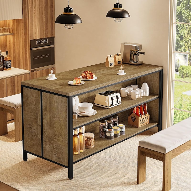 63-Inch Stationary Kitchen Island with Storage Shelves and Large Worktop, Farmhouse Style - 62.99" W × 23.62" D × 35.43" H