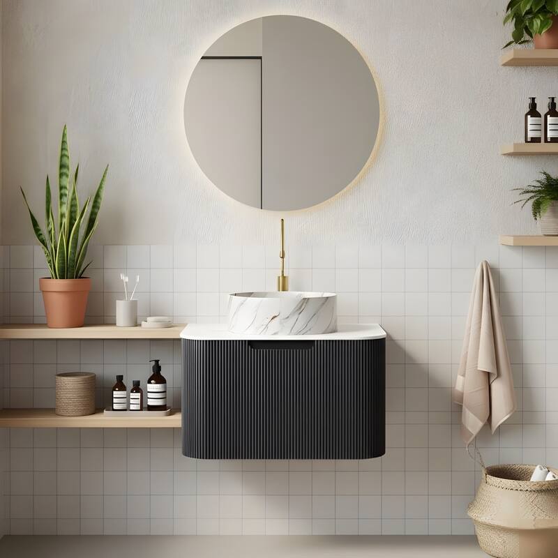 Floating Bathroom with Round Ceramic Basin and Storage Drawer