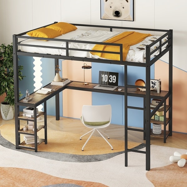 slide 2 of 13, Full XL Size Metal Loft Bed with Desk and Shelves Black