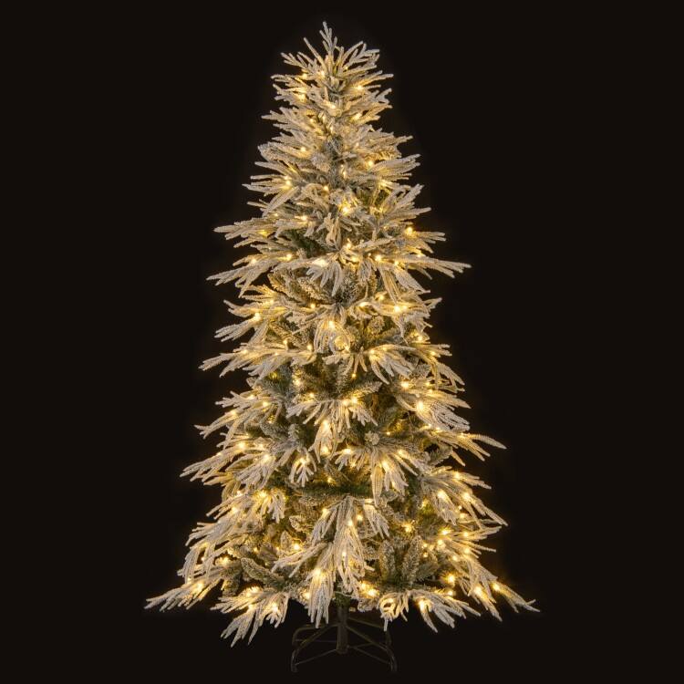 Pre Lit Snow Flocked Artificial Christmas Tree with Warm White LED Lights and Metal Stand