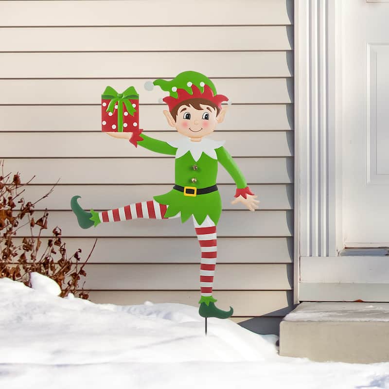 Glitzhome Set of 2 36"H Christmas Metal Snowman Santa or Dancing Elf Yard Stake Standing Hanging Decor
