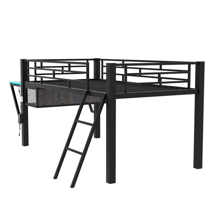 Twin Size Gaming Mid Loft Bed with Desk, LED