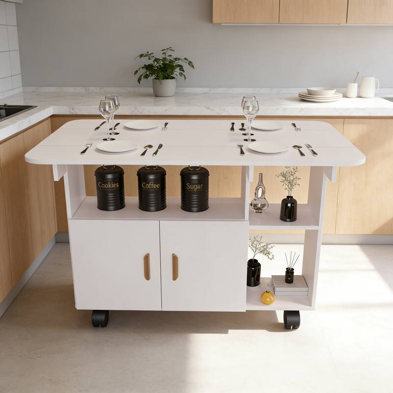 Anmytek Folding Drop Leaf Dining Table with Wheels, Modern Movable Kitchen Island for Small Spaces, White - White