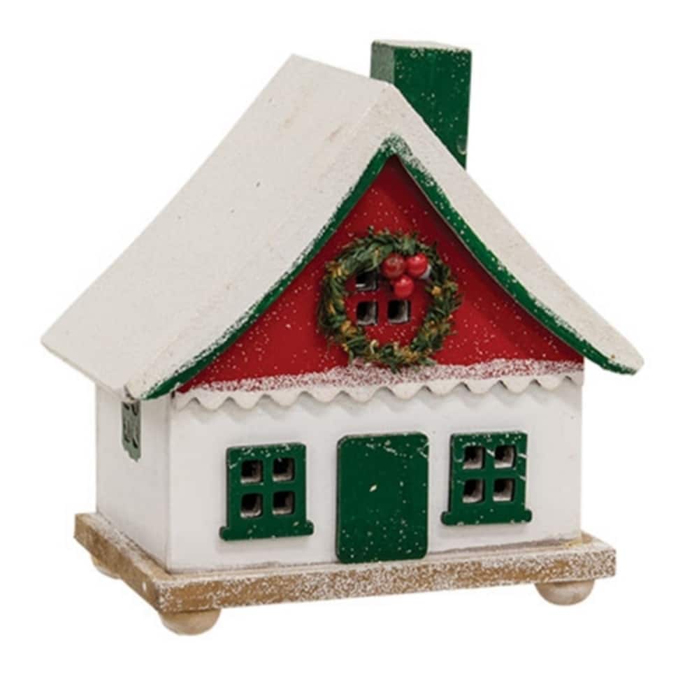 White Red Green Wooden Frosted Tealight Luminary Cottage Decor - 6.50 x 4 x 7 in.