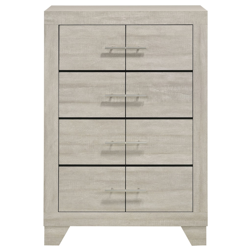 Qanto Tall Dresser Chest, 4 Drawers, Nickel Metal, Rustic Cream Wood