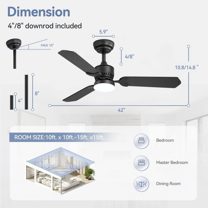 42" Wood Reversible 3-Blade Integrated Ceiling Fan with LED Light and Remote