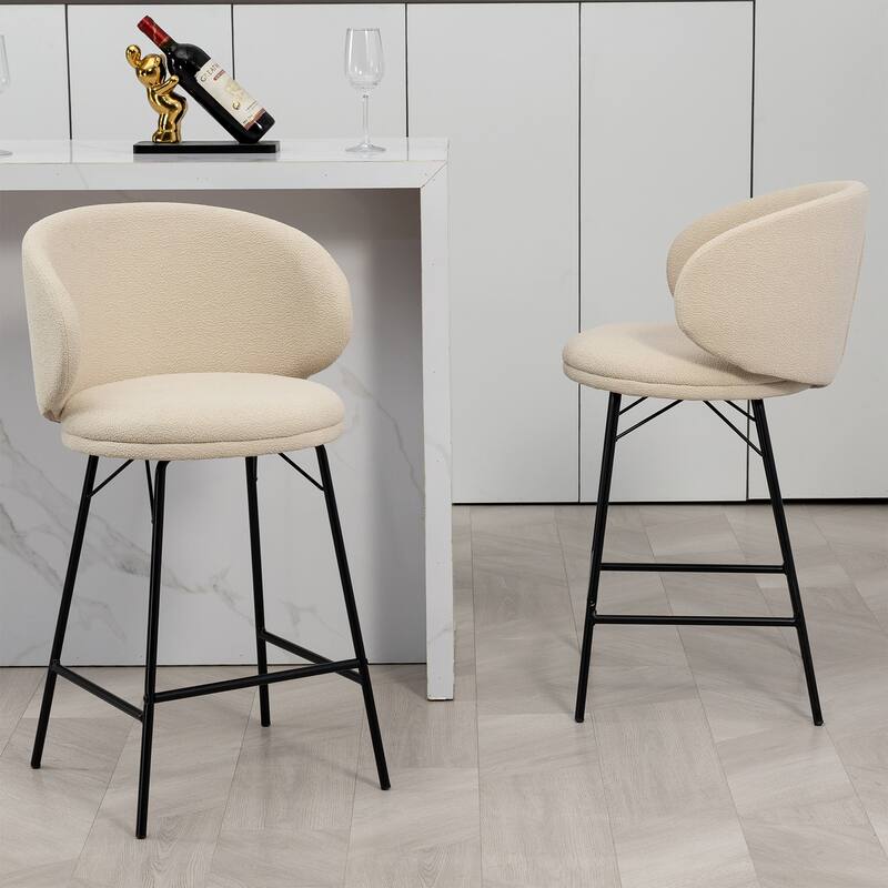 Set of 2 Baxter White Boucle Fabric Counter Stool with Black Iron Legs