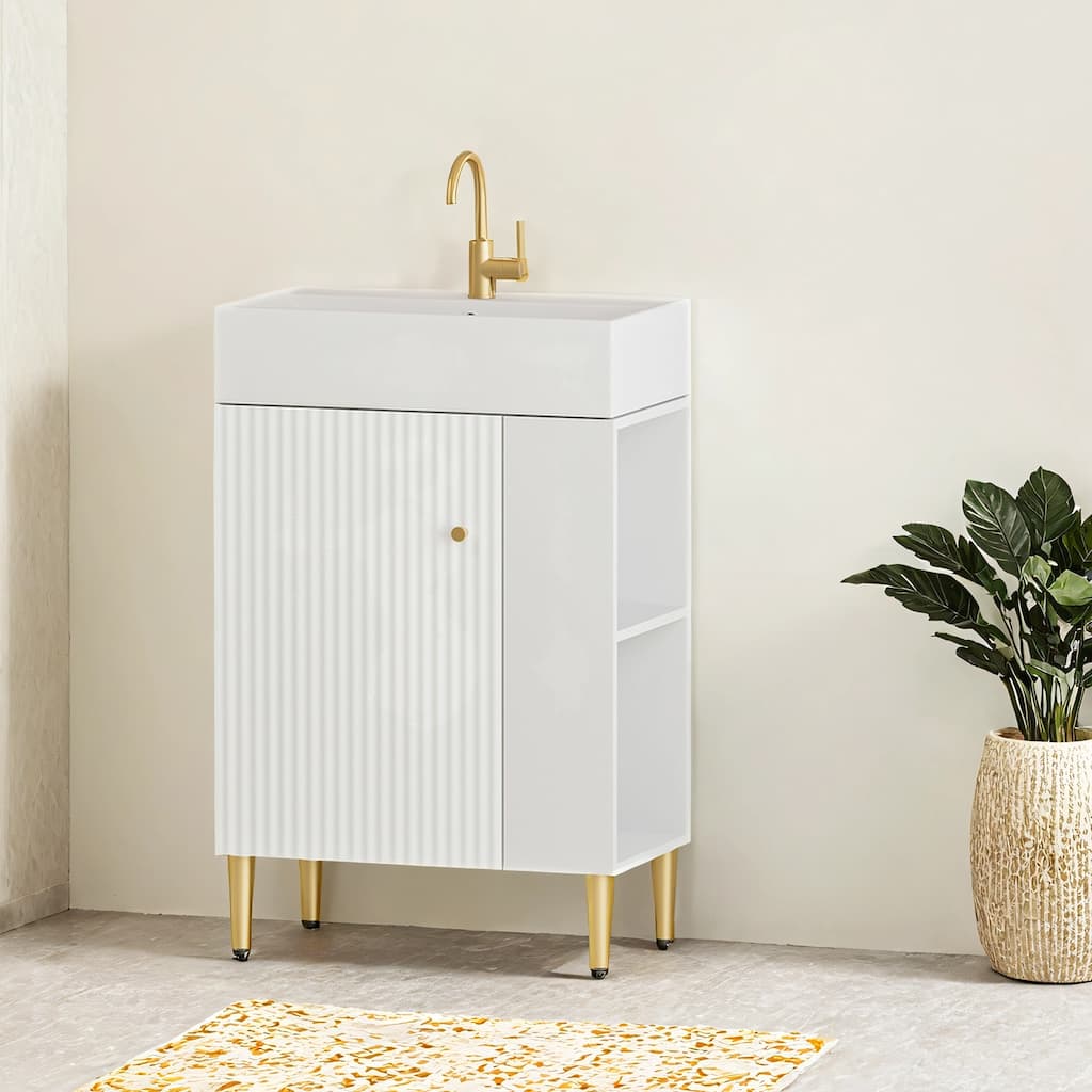 21.6" Open-Shelving Bathroom Vanity with Ceramic Sink, and Soft-Closing Door