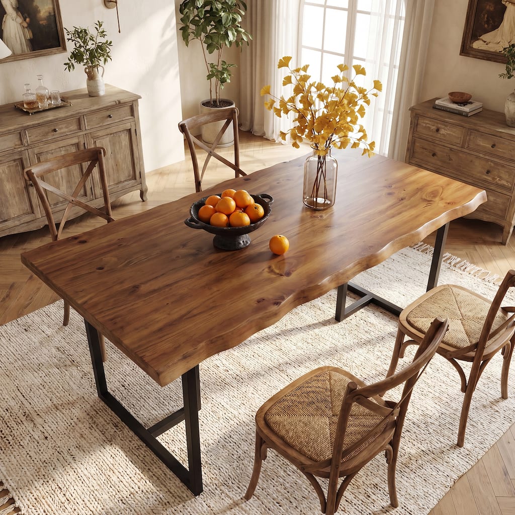 63" Solid Wood Dining Table with Live-Edge for 6, Rectangular Kitchen Dining Table, Industrial Rustic Design