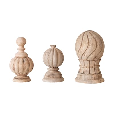 Bleached Hand-Carved Mango Wood Finials, Set of 3 - 5.5"L x 5.5"W x 9.0"H