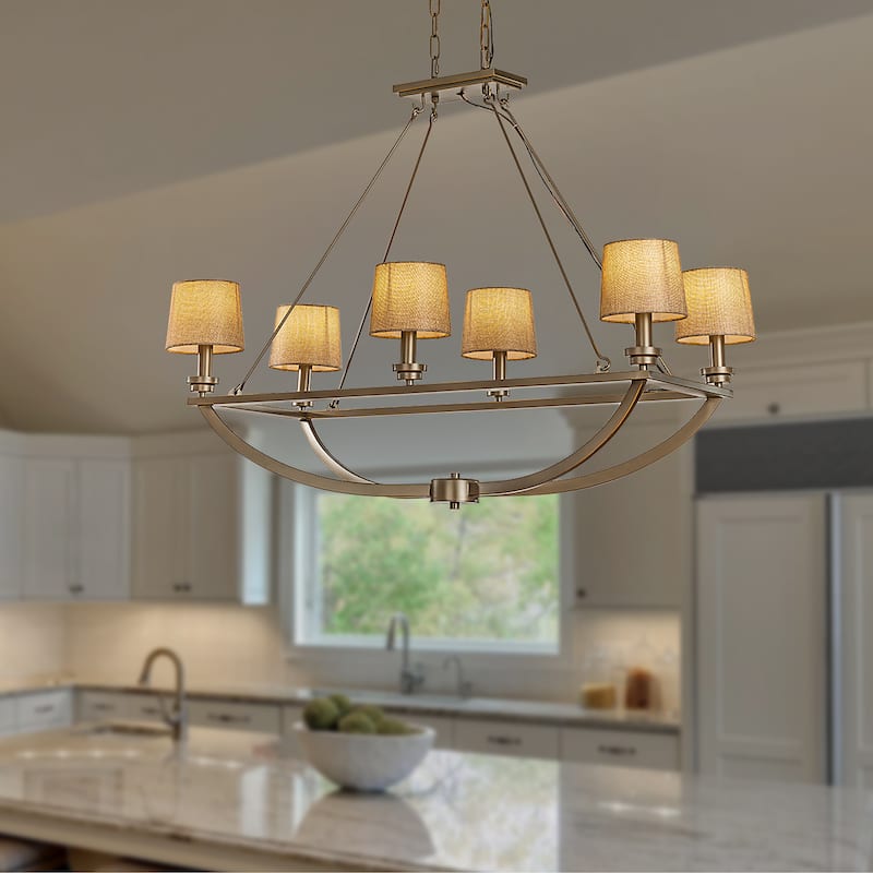 Transitional to Nautical Modern Interiors Oil-Rubbed Bronze 6-Light Chandelier With Warm Fabric Shades For Dining Room Decor