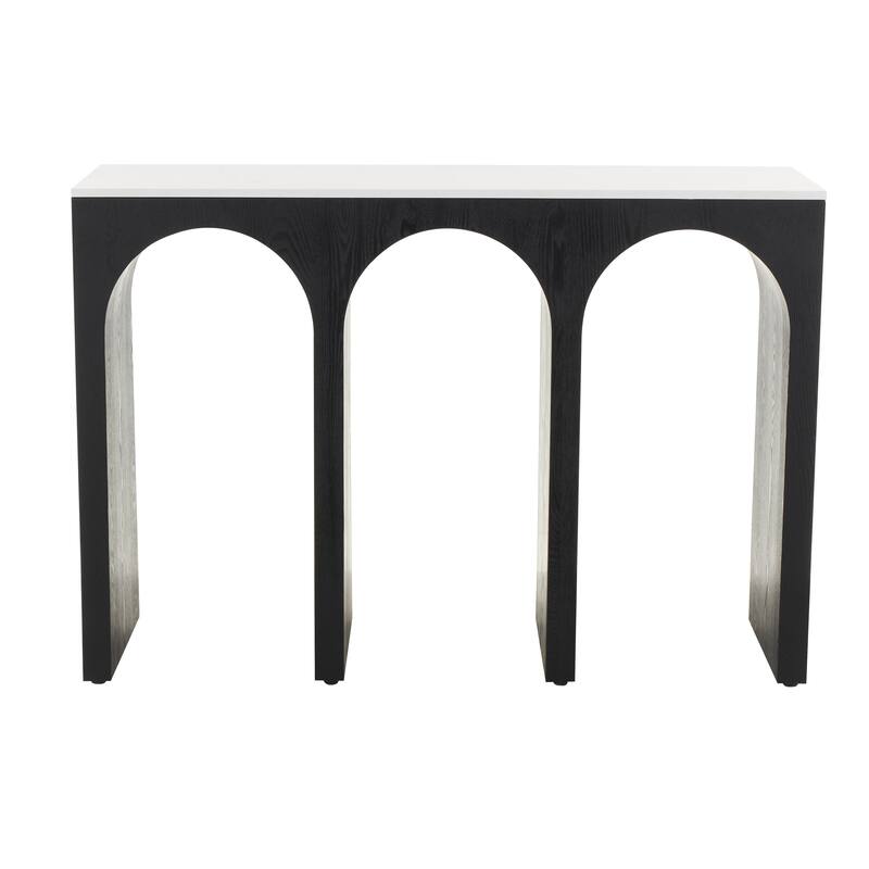 Black Wood Art Deco Arched Cutout Living Room Console Table with White Marble Tabletop