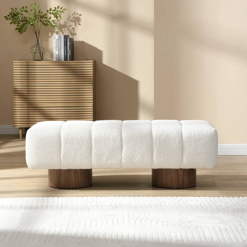 Roomfitters Upholstered Dining Bench, Boucle Fabric with Wood Base, Entryway or Bedroom Accent Bench - White