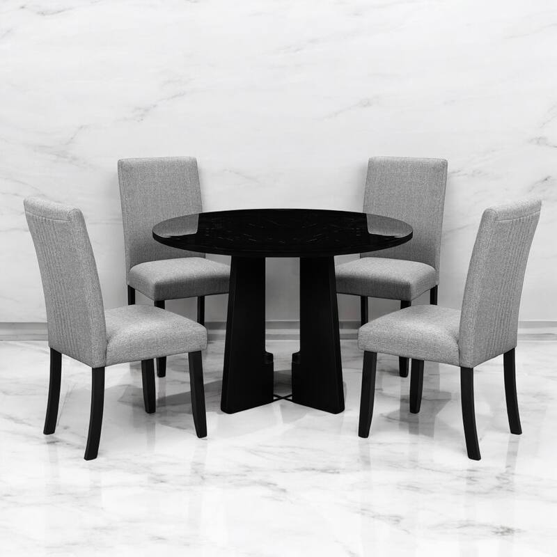 5-Piece Round Dining Table Set, 43-Inch MDF Table with 4 Upholstered Chairs for Kitchen, Dining Room, Living Room