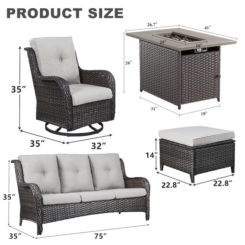 Patio Sofa Swivel Chairs Set Propane Fire Pit Table - Brown