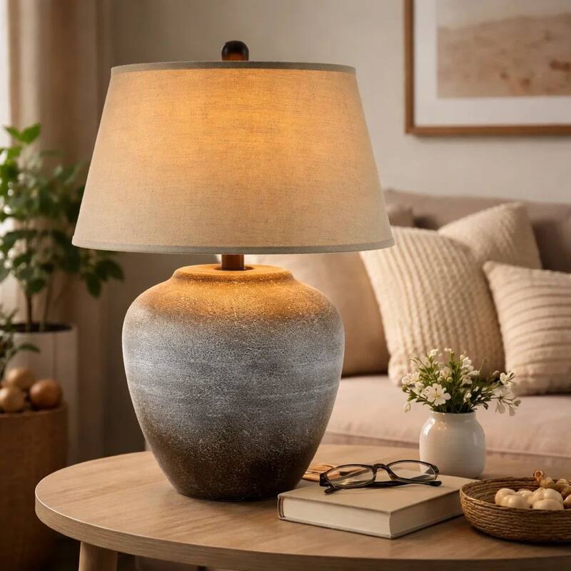 Buen 28 Inch Hydrocal Table Lamp, Drum Shade, Urn Base, Gray Rust Frost