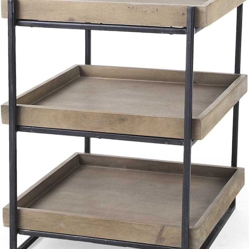Brown Solid Wood Square End Table with Abstract Metal Base and 2 Shelves - 20” x 20” x 26” (D x W x H)