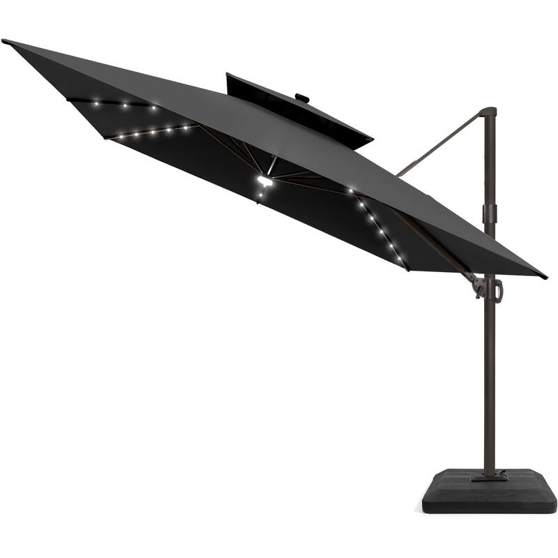11 FT Square Outdoor Patio Cantilever Umbrella with Solar Lights 4-Piece Premium Base Double Canopy 360 Rotation Tilt