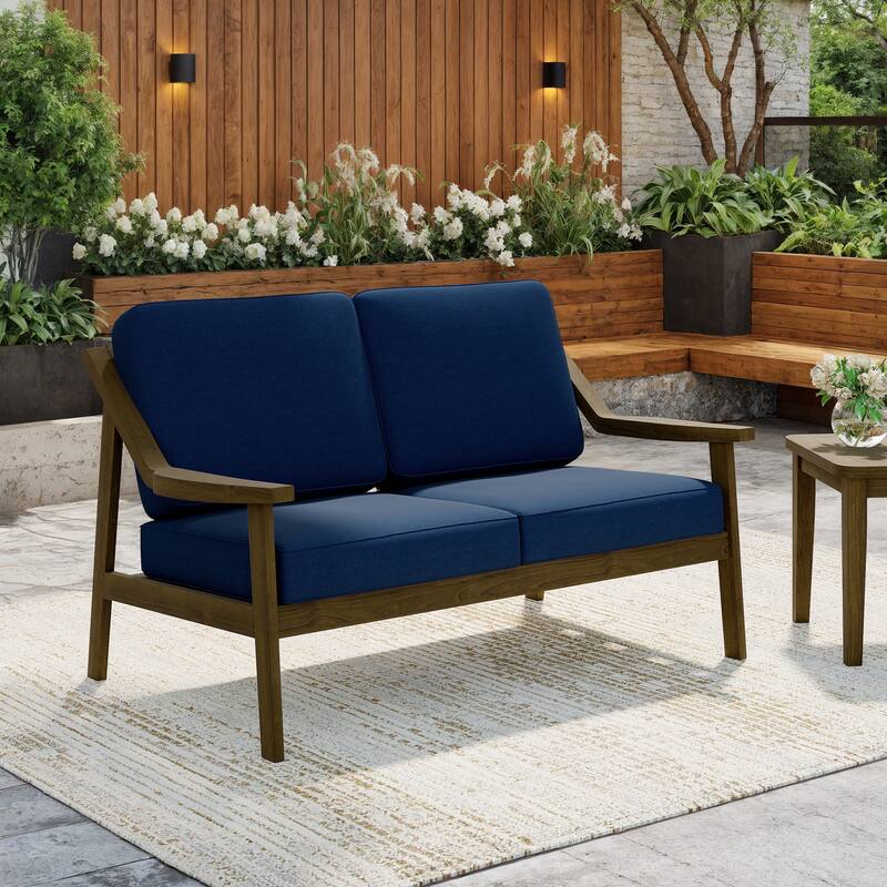 Solid Wood Outdoor Arm Chair Loveseat with Cushion - Brown/Navy - 1 Loveseat