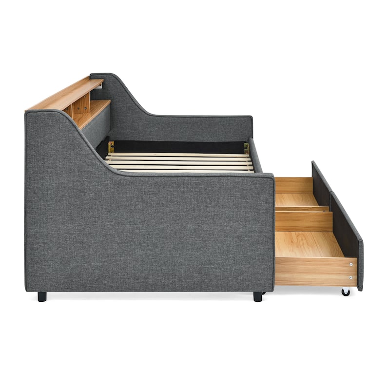 Grey Twin Size Upholstery DayBed with Three LED Lights,Storage Adjustable Headboard and Two Storage Pull Up Drawers