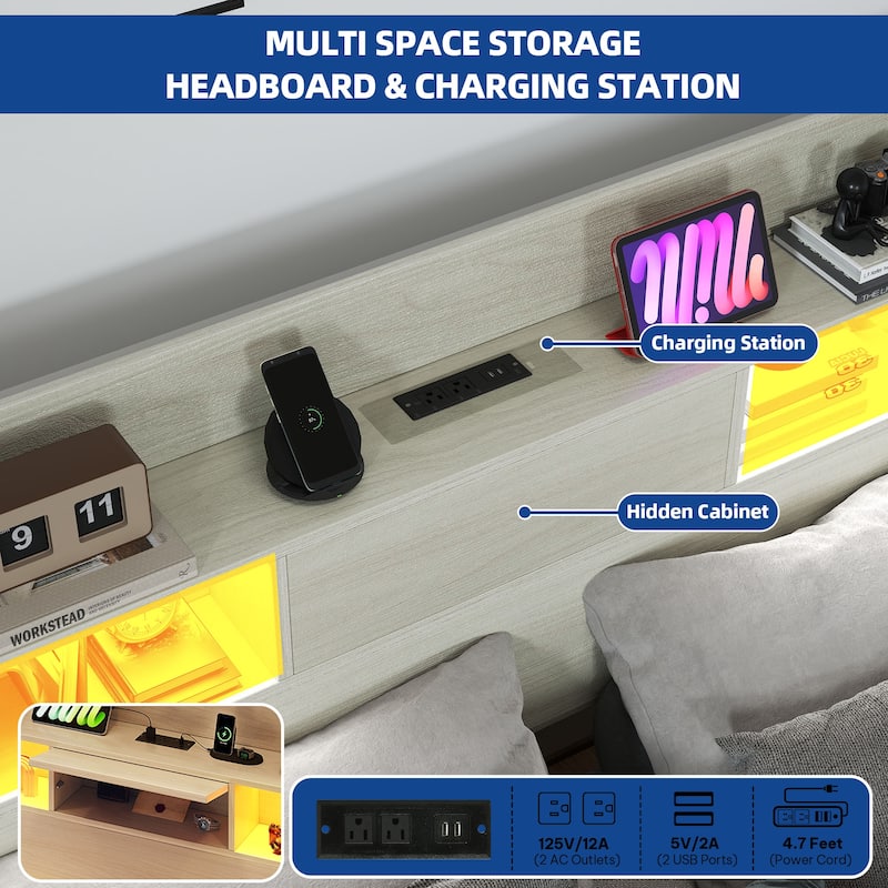 Moasis LED Bed Frame with Bookcase Headboard, 4 Storage Drawers and Type-C USB Charging Station