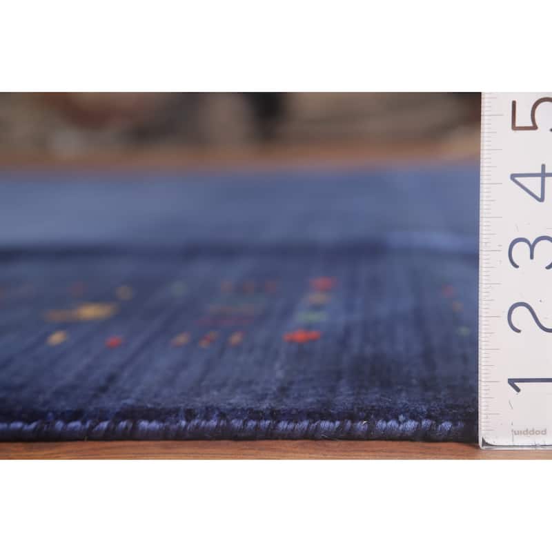 Blue Tribal / Striped Gabbeh Indian Area Rug Handmade Silk Carpet - 8'1" x 9'7"
