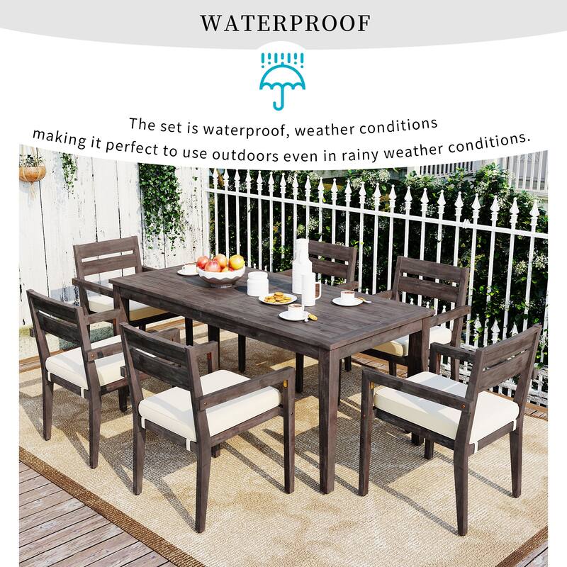 7-Piece Acacia Wood Outdoor Dining Set with Cushioned Chairs, Rectangular Patio Table for Backyard, Balcony or Garden Use