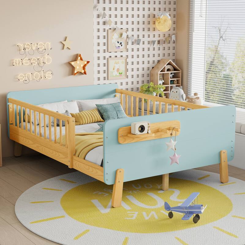 Kids Wood Platform Bed with Guardrails, Bottle Holder and 2 Hanging Rod, Convertible Toddler Daybed, Low Profile Design Frame