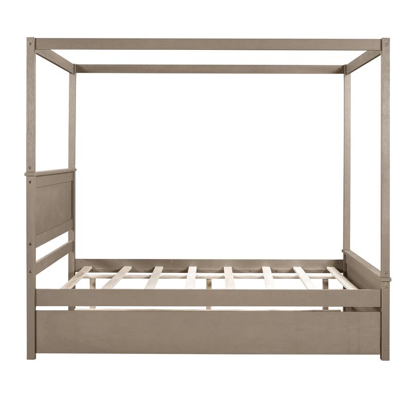 Full Size Canopy Platform Bed with Trundle, Pine Wood Frame, Modern Design, Support Slats Included, No Box Spring Required