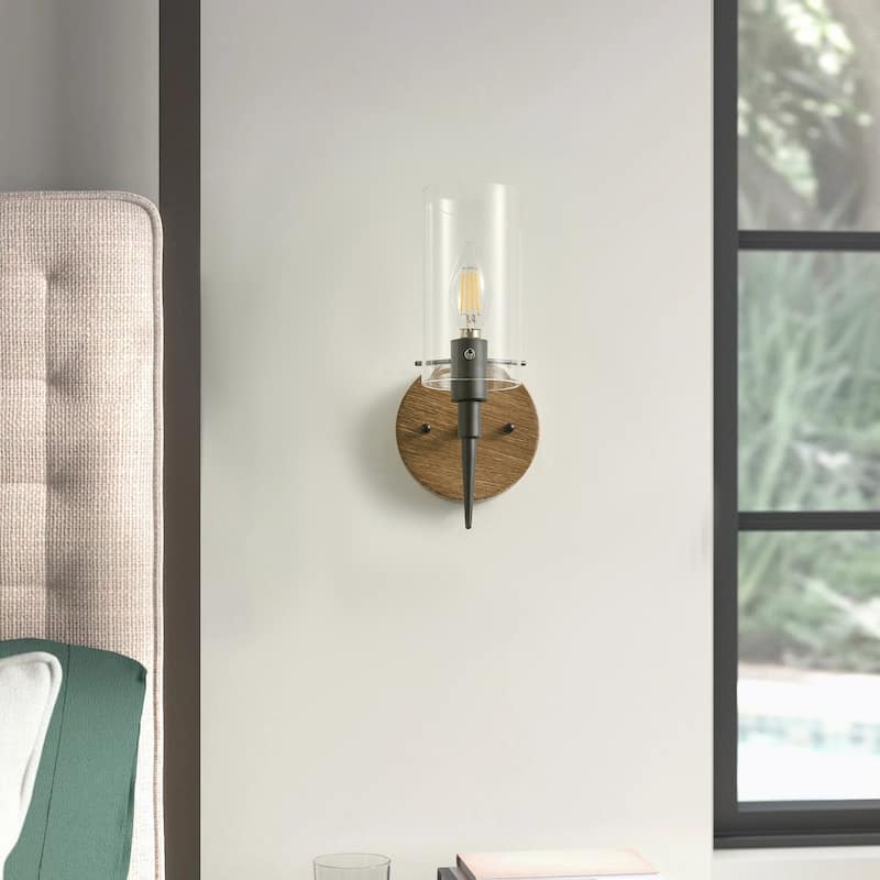 Farmhouse Matte Black 1-Light Candle Wall Sconce with Cylinder Glass Shades