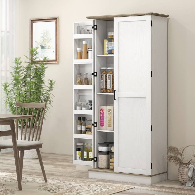 Modern Tall Storage Cabinet with 6 Spice Racks and Adjustable Shelves for Living Room, Dining Room