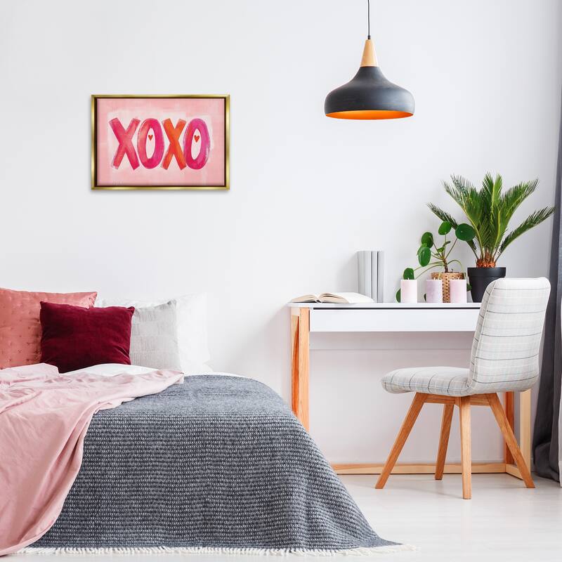 Stupell Pink XOXO with Hearts Framed Floater Canvas Wall Art Design By LSR Design Studio