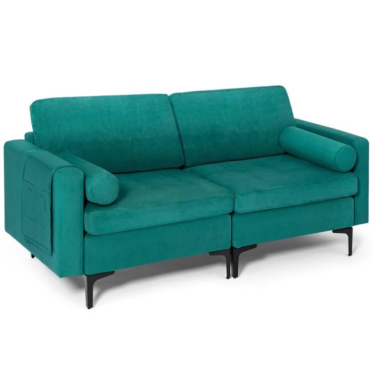 Modern Loveseat Sofa with 2 Bolsters and Side Storage Pocket - 68" x 31" x 31.5" (L x W x H) - Peacock Blue