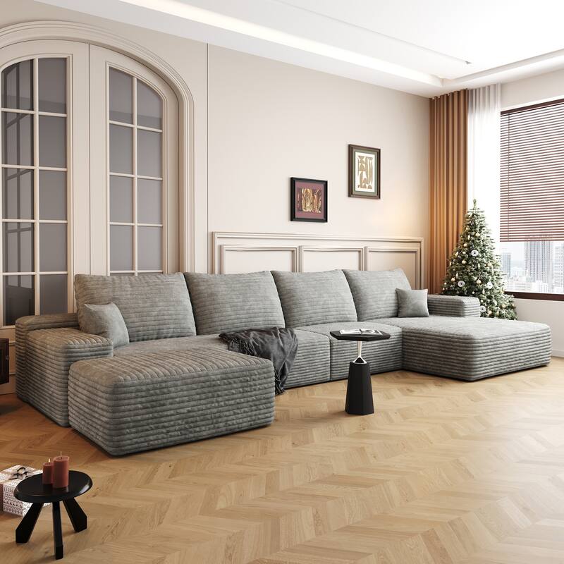 Floor Standing Chaise Lounge Couch Corduroy Upholstered Sectional Sofa Living Room Modular Deep Seat Sofa with Ottoman - Grey
