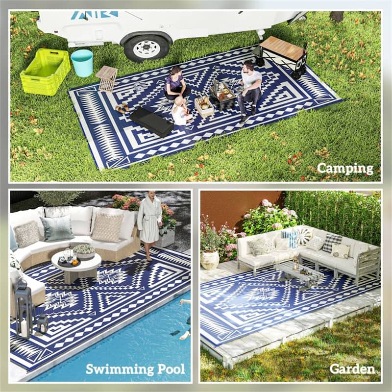 Reversible Outdoor Rug Square Patchwork, UV-Protected Foldable Polypropylene Mat with Carry Bag - : 215.7" L × 107.9" W