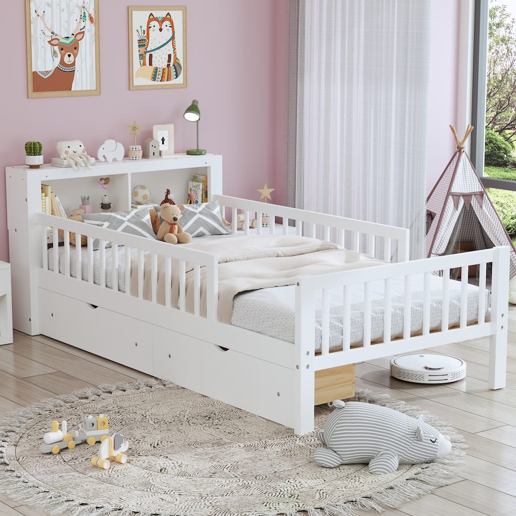 Twin Size Bed with Headboard Storage, Under-Bed Drawers & Safety Guardrails, White