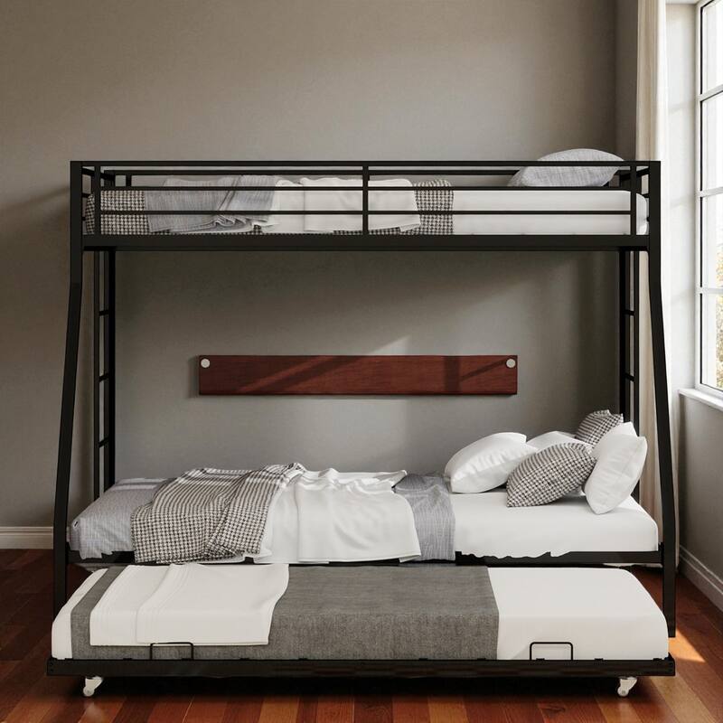 Full Size Metal Bunk Bed with Ladder and Rolling Trundle, Square Tube Frame, Heavy-Duty Triple-Sleeper for Home or Dorm