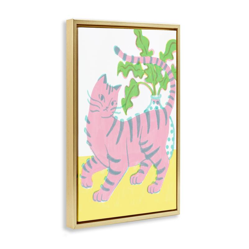 Stupell Pink Cat & House Plant Framed Floater Canvas Wall Art Design By Hannah Moren
