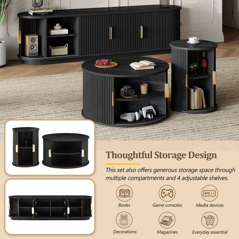 Fluted Sliding Door TV Stand & Coffee Table Set, Wooden Media Cabinet TV Console for TVs up to 75", 3-Piece Living Room Set