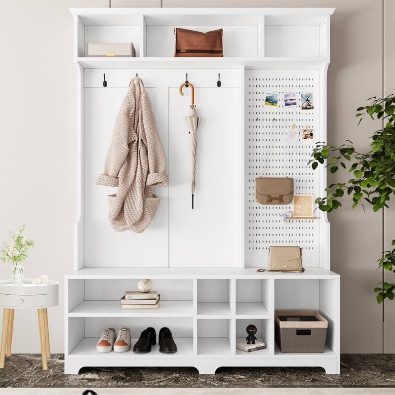 Hall Tree with Shoe Bench, Coat Rack, Shelves and Pegboard - White